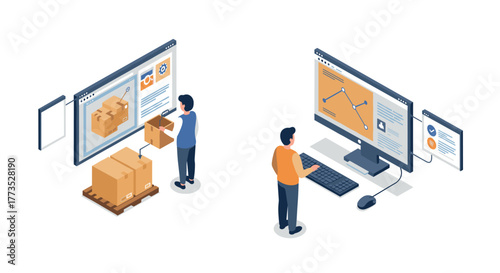 Isometric illustration of online retail and data analysis