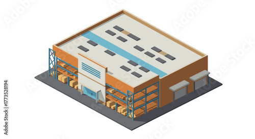Modern isometric warehouse building with roof ventilation and loading bays