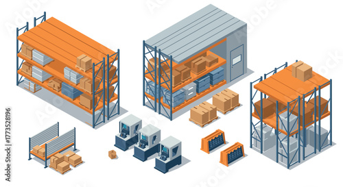 Isometric warehouse interior with racks and storage boxes