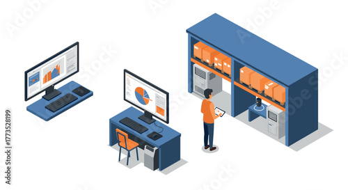 Isometric office setup with computers and server room for data management