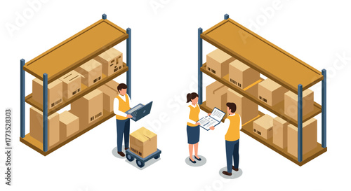 Warehouse inventory management in isometric style with team collaboration scenes