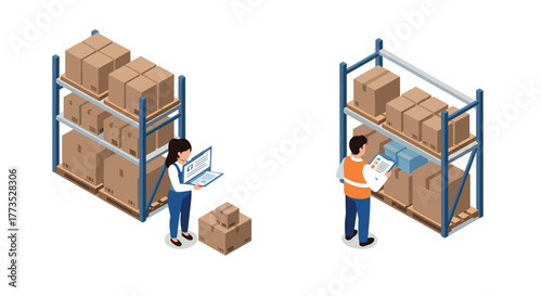 Warehouse workers managing inventory and stock in an isometric distribution center