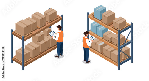 Efficient warehouse management solutions with workers using digital tablets in isometric design