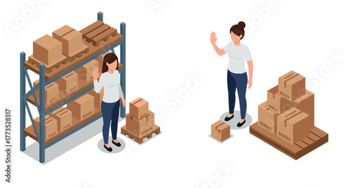 Isometric warehouse scene with worker and boxes on shelves and pallet