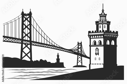 set of Bridge and Tower Silhouette vector illustration Isolated on White Background