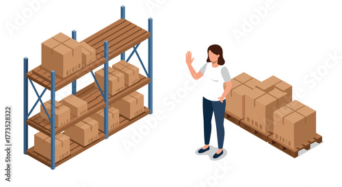 Isometric warehouse scene with worker and boxes on pallet and rack