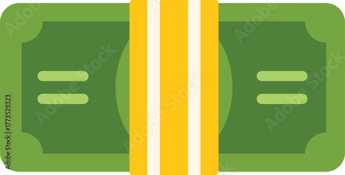 Stack of green cash is secured by a yellow rubber band, representing savings, wealth, and financial security