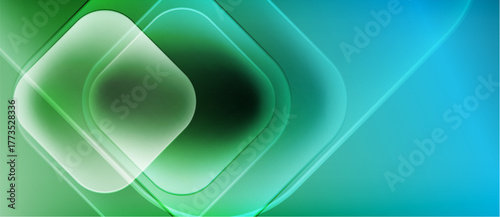 Abstract background features layered squares, gradients. Teal, green hues dominate composition. Smooth transitions create modern aesthetic.