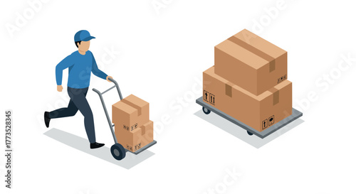 Isometric delivery worker with cart and stacked boxes on dolly