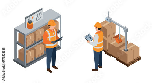Warehouse workers using digital devices for inventory management in isometric style