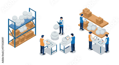 Warehouse operations and inventory management in isometric style