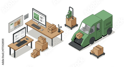 Isometric package delivery process with office setup and green van