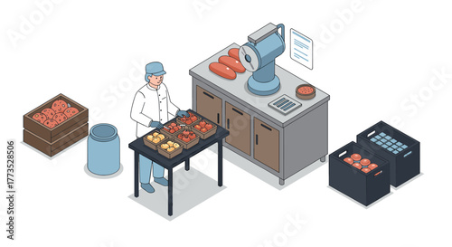 Isometric food processing scene with worker sorting vegetables and machine operation