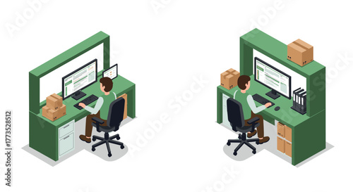 Isometric office workspace with worker using computer and cardboard boxes