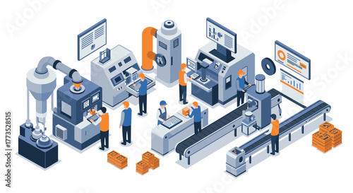 Isometric factory automation with advanced machinery and workers in a modern industrial setting
