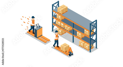 Isometric warehouse logistics scene with workers and pallet racks