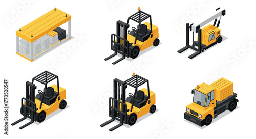 Industrial vehicles collection featuring isometric forklifts and utility trucks