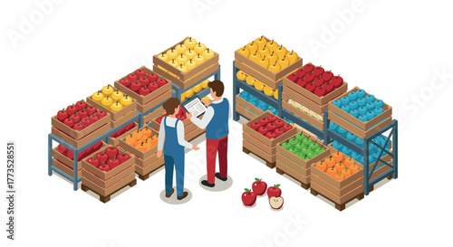 Isometric grocery store inventory management with fresh produce display