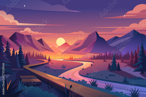 Wooden Boardwalk Overlooking a River Valley at Sunset