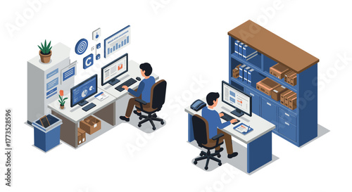 Isometric office workspace with two employees at desks in a modern business environment