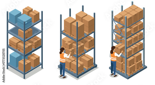 Warehouse shelving organization with worker arranging boxes isometric style