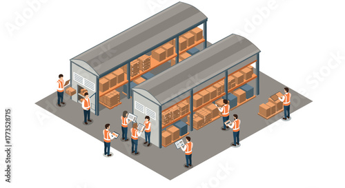 Isometric warehouse scene with workers sorting and stacking boxes