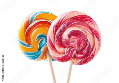 Two colorful swirled lollipops on sticks against black background