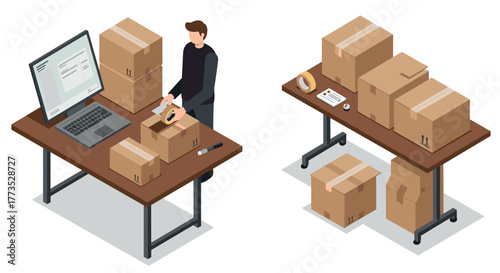 Isometric packing scene with boxes and laptop on desk for e-commerce and shipping