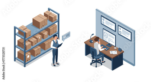 Warehouse logistics and office management in isometric design