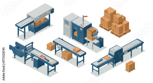 Isometric warehouse conveyors and packaging machinery with cardboard boxes