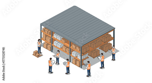 Isometric warehouse team organizing inventory in modern storage facility
