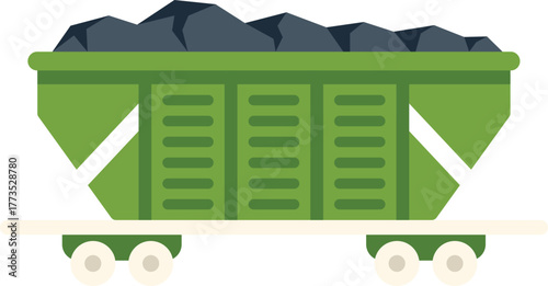 Green mining wagon transporting coal from the mine on a white background