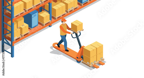 Warehouse worker with pallet truck moving boxes in modern isometric style