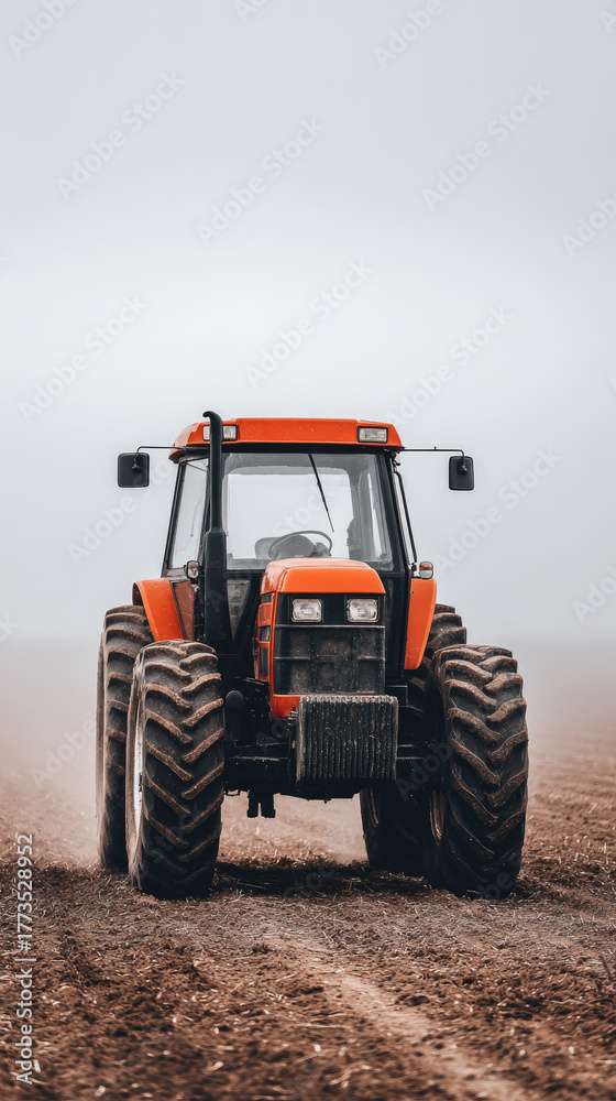 Obraz premium Red farm tractor on muddy field with foggy sky