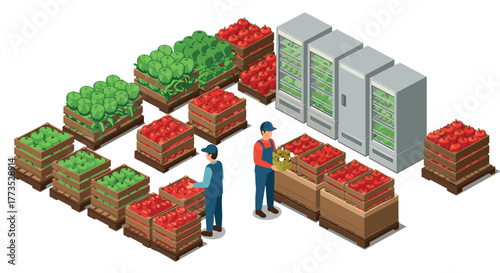 Isometric supermarket scene with workers organizing fresh produce