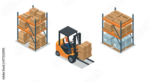 Warehouse management: forklift and shelving in isometric style