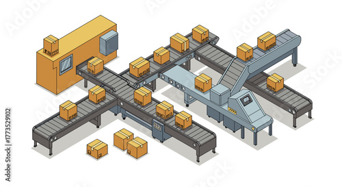 Isometric conveyor system with boxes for efficient package distribution