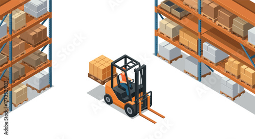 Isometric warehouse scene with forklift and stacked shelves