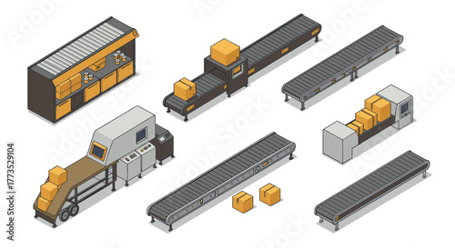 Isometric conveyor belt system with boxes and industrial machinery