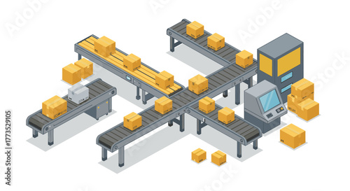 Isometric warehouse conveyor system with boxes on automated belt