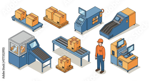 Isometric warehouse automation robotics and conveyor systems with worker