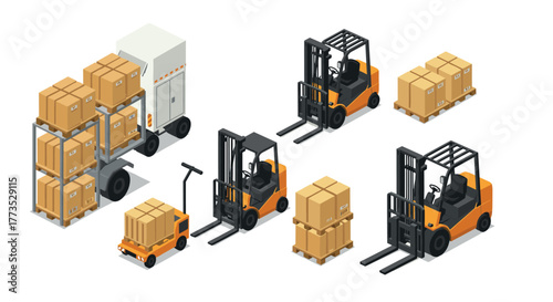 Isometric forklift and warehouse equipment with boxes and cargo in motion