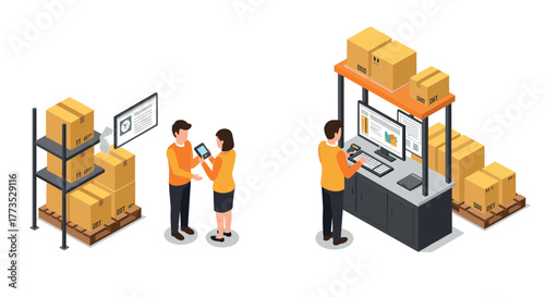 Isometric warehouse management scene with inventory control and staff interaction