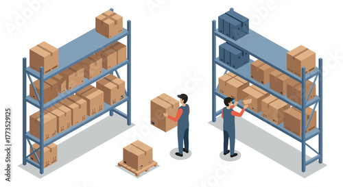 Warehouse isometric concept with workers and shelves loaded with boxes