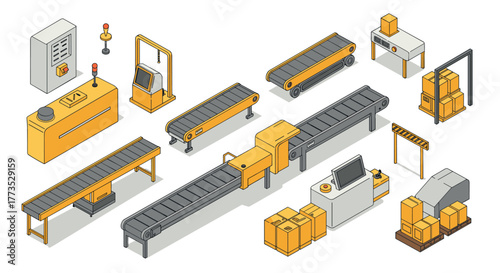 Isometric factory conveyor system with automated packaging and control units