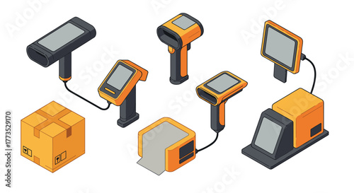 Isometric barcode scanners and shipping devices with parcel box