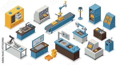 Isometric robotics and automation equipment in a modern factory setting