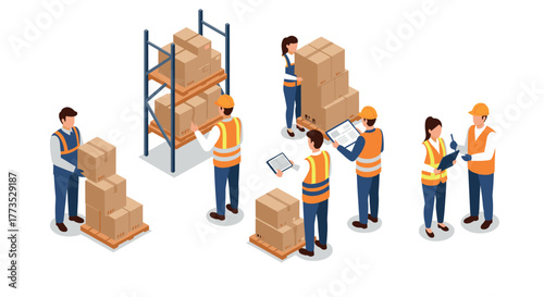 Isometric warehouse team organizing and managing inventory