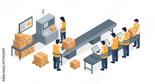 Isometric warehouse automation with workers operating conveyor belts and sorting packages