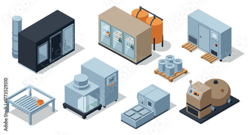 Isometric set of industrial equipment for modern manufacturing facilities